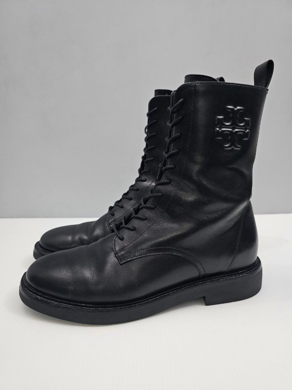 Tory Burch Double T Combat Boots Womens 10 Black Leather Lace Up Logo Military